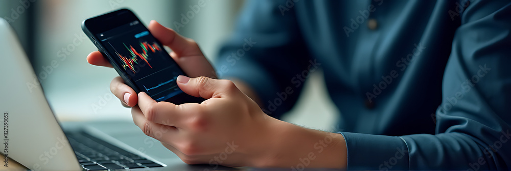 Poster a businessman holds a smartphone displaying a graph while sitting in front of a laptop with a financ