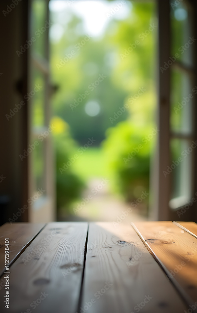 Poster a blurred wooden table is in the foreground with a green garden scene visible through the adjacent o