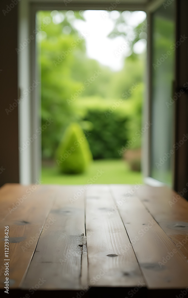 Poster A blurred wooden table is in the foreground with a green garden scene visible through the adjacent open window._00001_