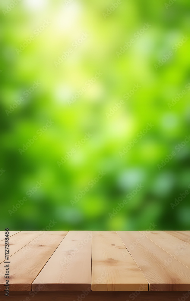 Poster A blurred wood table blends into an abstract green garden background suitable for product displays and key visuals._00002_