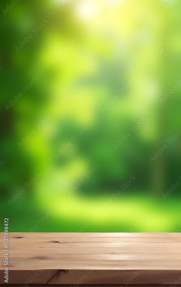 Poster a blurred wood table blends into an abstract green garden background suitable for product displays a