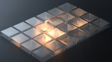 photorealistic isometric design of a geometric arrangement of small transparent blocks with subtle...