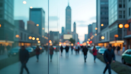 Fototapeta premium A blurred glass wall stands out from a bustling cityscape, its abstract design blending with the surrounding urban landscape._00003_