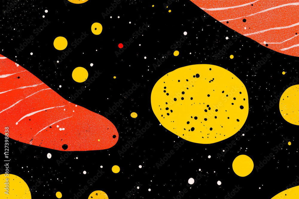Poster a black and yellow background with a red and yellow object in the middle