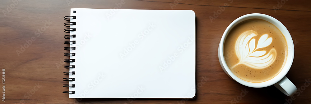 Poster a blank white notepad sits next to a coffee latte on a wooden table in a minimalist business flat la