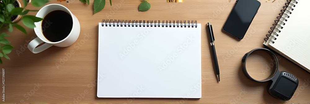 Poster a blank white notepad sits next to a coffee latte on a wooden table in a minimalist business flat la