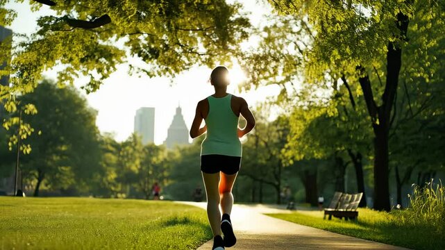 Morning jogger in the park with sunlight breaking through trees