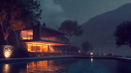 Fototapeta premium Modern house with pool at night, mountain view.
