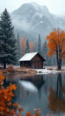 Fototapeta premium a cabin sits in the snow with a lake and mountains in the background.