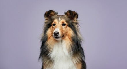 Elegant collie with majestic mane against soft purple background for pet enthusiasts