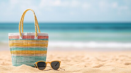 Serene Beach Scene with Golden Sand and Sunglasses, Beach product background concept.
