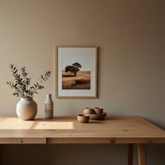 a room with a wooden floor and a vase with a plant on it and pictures