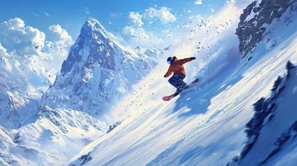 A snowboarder cruising down a mountain slope, the rush of wind and snow creating an exhilarating moment in the winter sports landscape