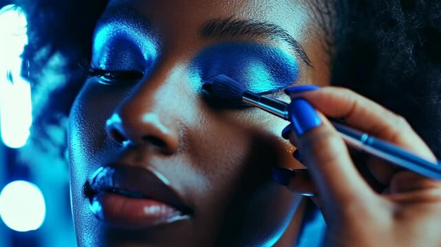 Stunning makeup application with vibrant blue eyeshadow in closeup beauty tutorial