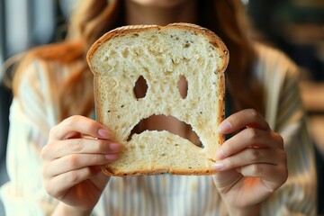 Attractive woman holding gluten-free bread with a resigned expression due to celiac disease and gluten intolerance.