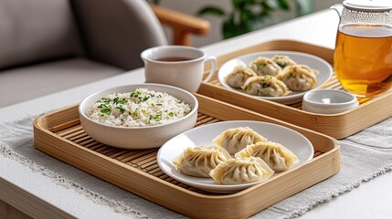 Minimalist Cafe Brunch with Freshly Brewed Tea and Dumplings, Buffet dinner food celebration party concept.