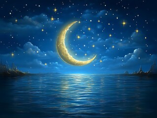 Fototapeta premium Crescent Moon Over Ocean Cityscape Night Stars