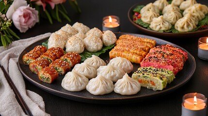 Colorful Themed Buffet for Festive Celebration, Buffet dinner food celebration party concept.