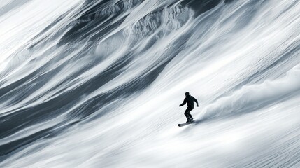 A snowboarder speeding down a snow-covered mountain, the thrill of the ride captured in every movement and turn
