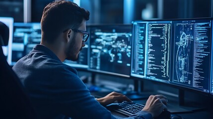 A person working at multiple computer screens displaying data and code in a tech environment.