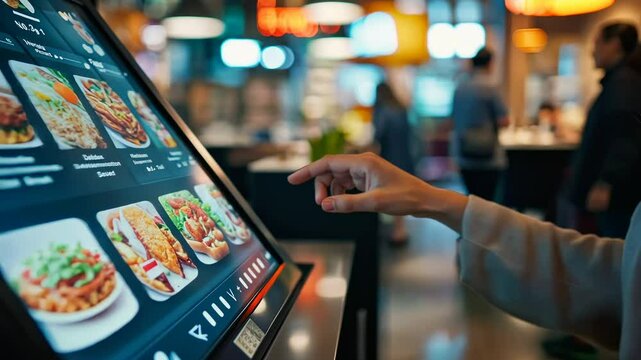 Interactive touchscreen ordering at busy restaurant with bright menu selection