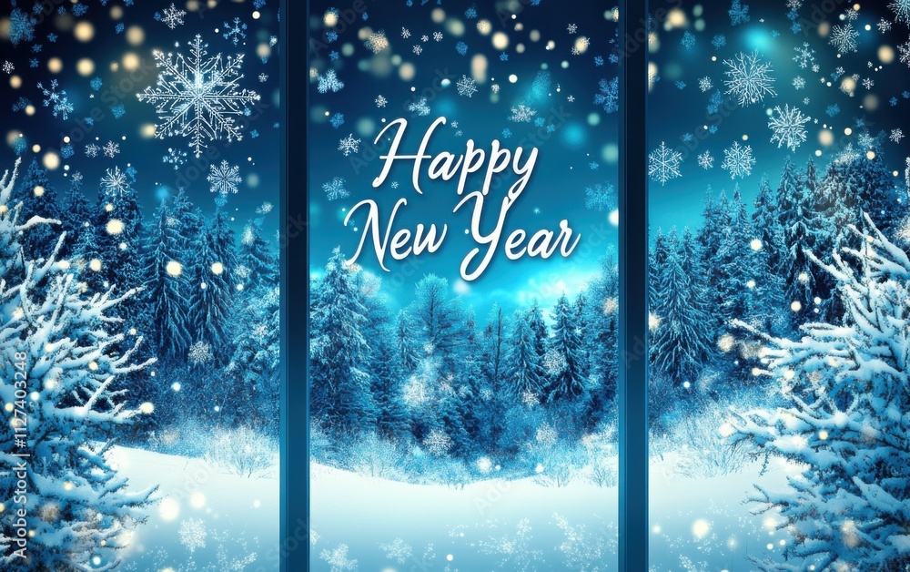 Poster beautiful window with snowflakes falling outside, a forest of trees covered in white snow, and the w