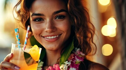 Joyful summer vibes: woman enjoying tropical drink at sunset beach party