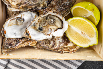 Oysters fresh seafood tasty food dish Fresh delicious gourmet food background on the table rustic food top view copy space top view pescetarianism diet