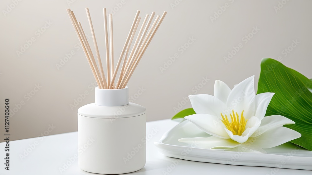 Poster a soothing aromatherapy diffuser stands elegantly on a white table, complemented by a water lily flo