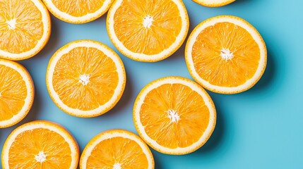 Freshly Sliced Juicy Oranges on Blue Background, Sliced juicy oranges textured concept.