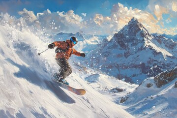 An active snowboarder, riding through a scenic winter landscape with skill and speed, capturing the thrill of the sport in action