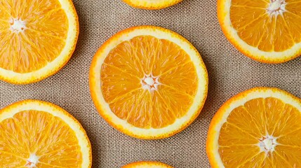 Fresh Orange Slices on Natural Linen Background, Sliced juicy oranges textured concept.