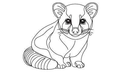 A charming, detailed line drawing of a kinkaajou, a small, nocturnal mammal, sitting contentedly, showcasing its unique ringed tail and expressive features, perfect for coloring pages or illustrations