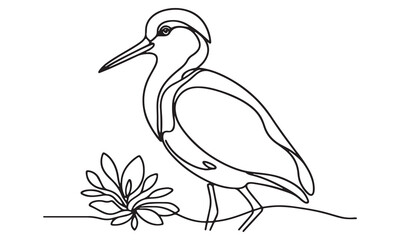 Single-Line Drawing of a Heron Standing Gracefully Beside a Water Lily in a Minimalist Style