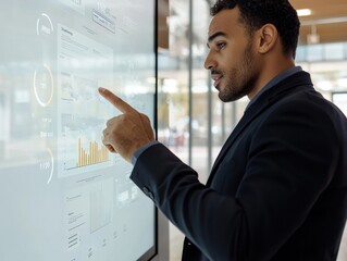 Business leader interacting with digital touch screen in a modern office. A businessman analyzing business charts and data visualizations, making strategic decisions with advanced tech tools.