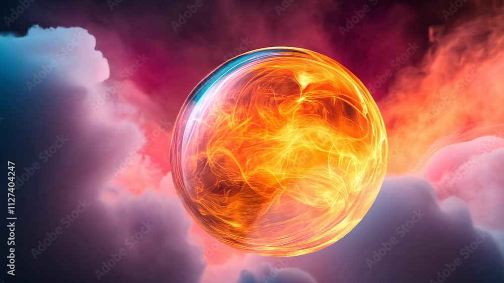 Poster Glowing orb in fiery sky with swirling colors, celestial phenomenon concept