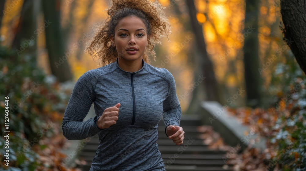 Poster a woman runs along a trail in a forest, surrounded by trees with golden autumn foliage. the warm lig