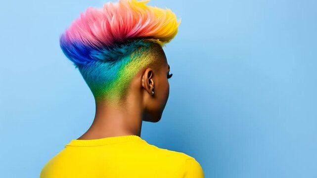 A Black woman showcases a vibrant rainbow mohawk against a blue background, celebrating pride and creativity