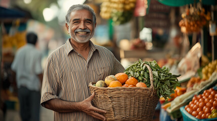 Obraz premium A smiling elderly man standing in a vibrant farmers’ market, holding a basket of fresh vegetables and fruits, radiating happiness and health.