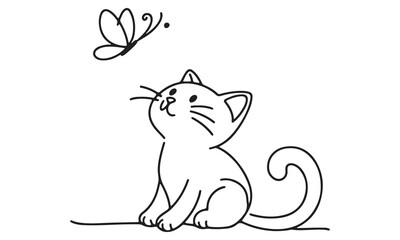 Adorable Black and White Line Art of a Curious Kitten Watching a Butterfly