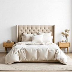 Fototapeta premium a bedroom with a bed and a beig headboard 