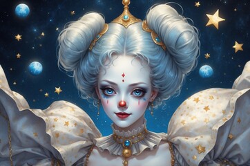 Vintage artistic fantasy circus woman painting portrait, people theme concept illustration texture design.
