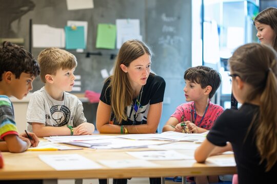 Children learning with their teacher in an elementary school workshop. A group of young students actively engaging in a workshop session with their teacher, developing new skills and knowledge.