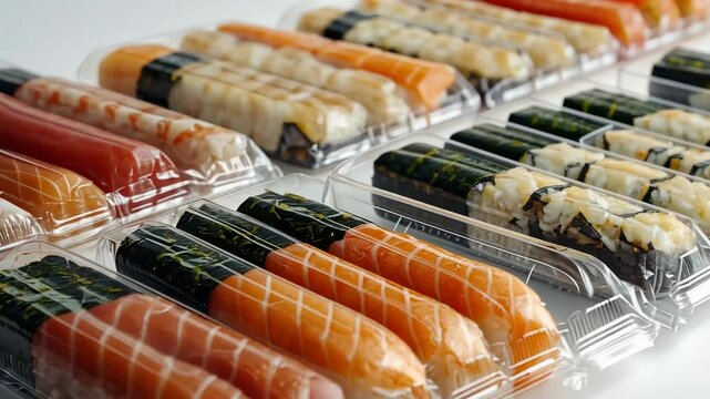 Fresh sushi assortment in clear plastic containers showcasing variety and colorful presentation