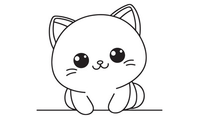 Obraz premium Adorable Kawaii Kitten Coloring Page: A Simple, Cute, and Cheerful Black and White Illustration of a Sitting Kitty with Big Eyes, Perfect for Kids' Activities and Creative Expression