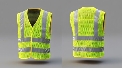  Realistic 3D vector mockup of a safety vest, with fluorescent green material, reflective stripes, and a zip. Ideal for traffic or worker uniforms 