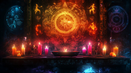 A mystical altar with burning candles and zodiac emblems of Aries, Leo, and Sagittarius glowing in vivid hues