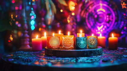 A mystical altar with burning candles and zodiac emblems of Aries, Leo, and Sagittarius glowing in vivid hues