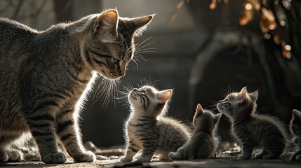 Portrait of mother cat with kittens. Selective focus.