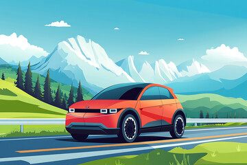 Naklejka premium A vibrant electric car drives along a scenic road with mountains in the background.